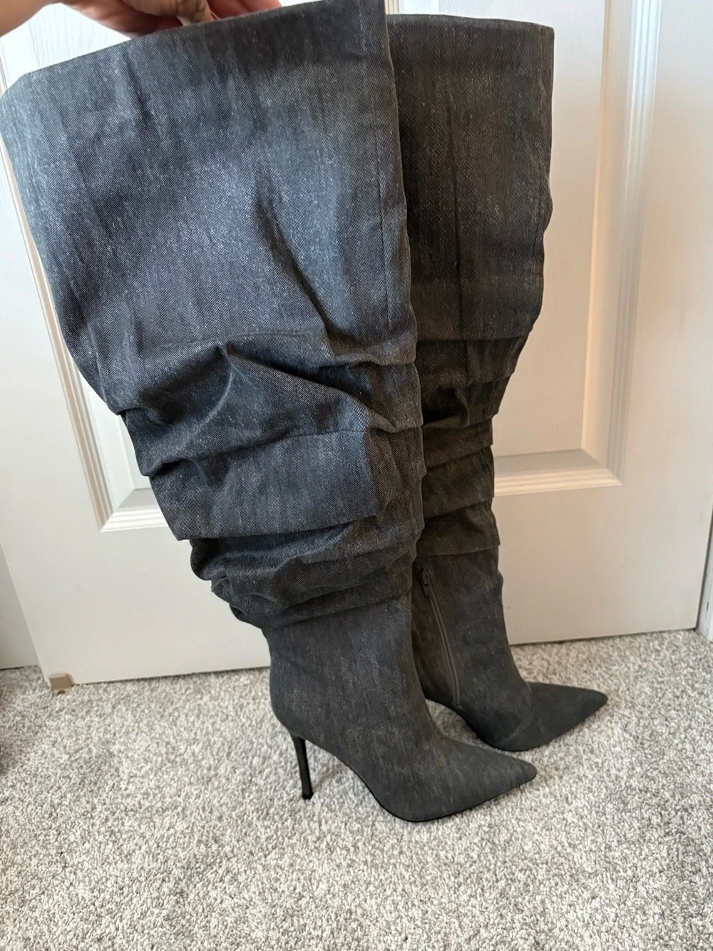 JustFab Gray Slouchy Pointed-Toe Over-the-Knee Stiletto Boots